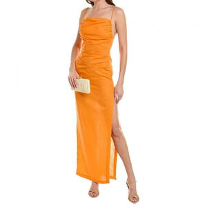 Ronny Kobo Clark Linen Blend Open Back Maxi Dress Ruched Bodycon Orange Size S